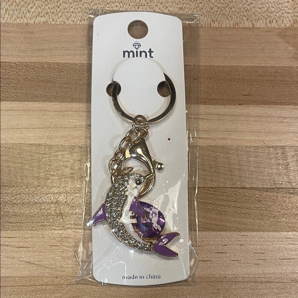 Mint Sparkling Dolphin Keychain with Gold and Purple